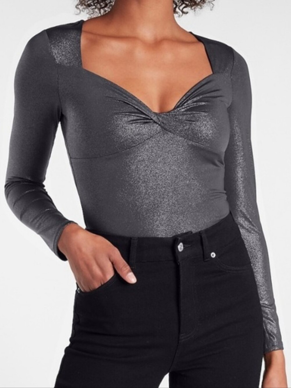 NWT Express Body Contour Sweetheart Long Sleeve Silver Black Gunmetal, Size S